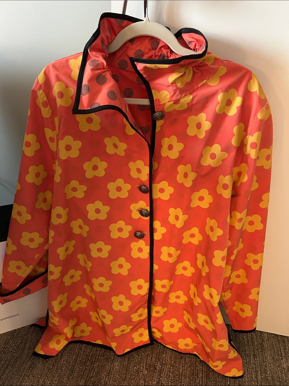 Women's Orange Floral Trench Coat with Yellow Bloom Print and Black Trim
